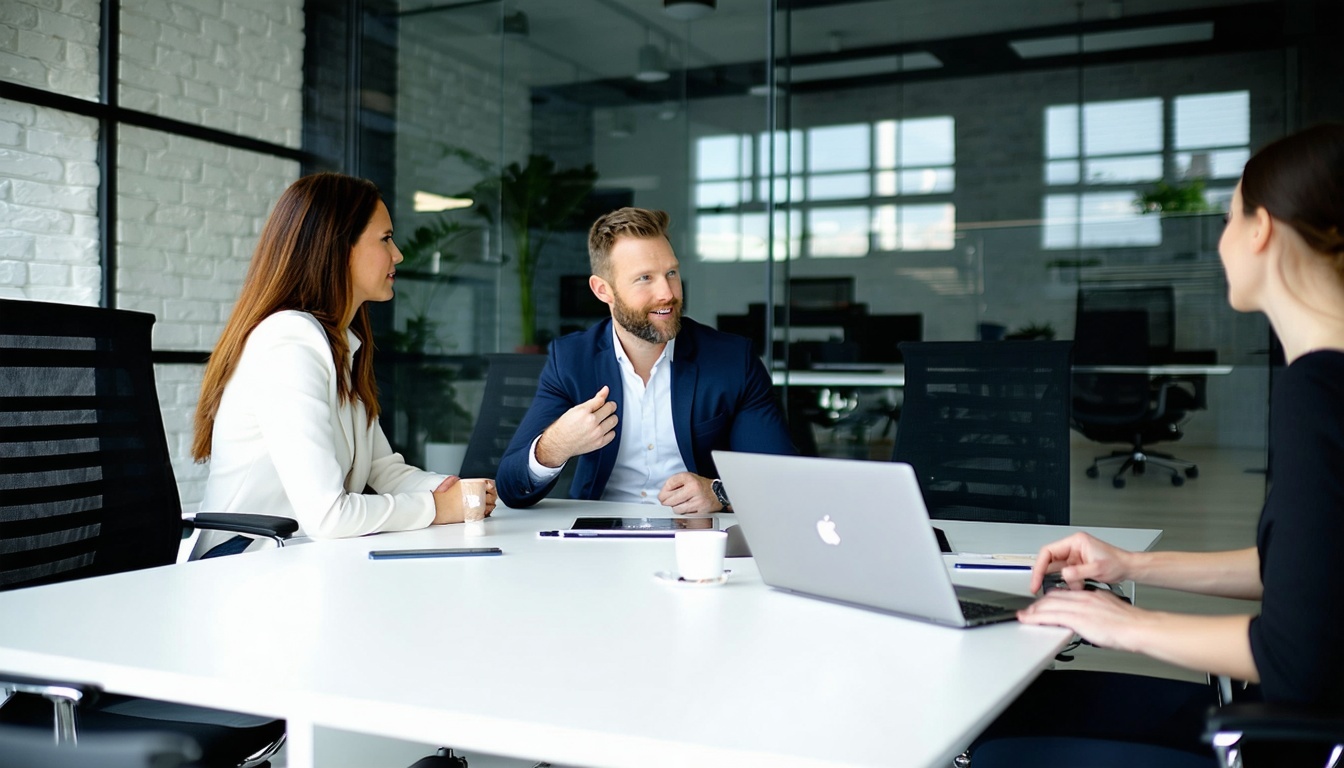 Consultant providing coaching to a team in a modern workspace