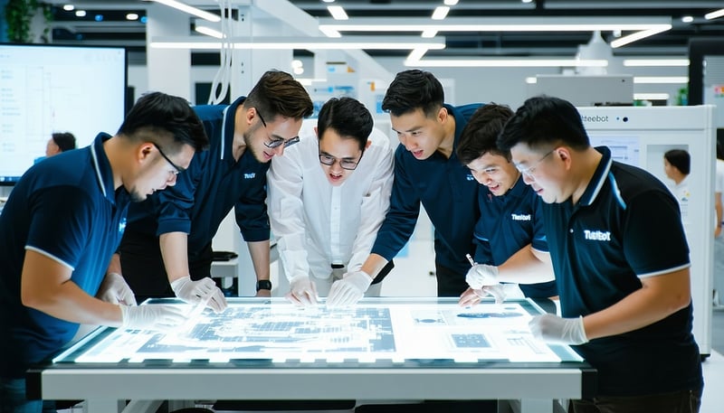 Team of engineers and designers collaborating on product development at Tuiteebot Pte. Ltd.